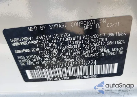 2021 Subaru Crosstrek Premium z USA, uszkodzony, nr VIN JF2GTAPC6M8336224